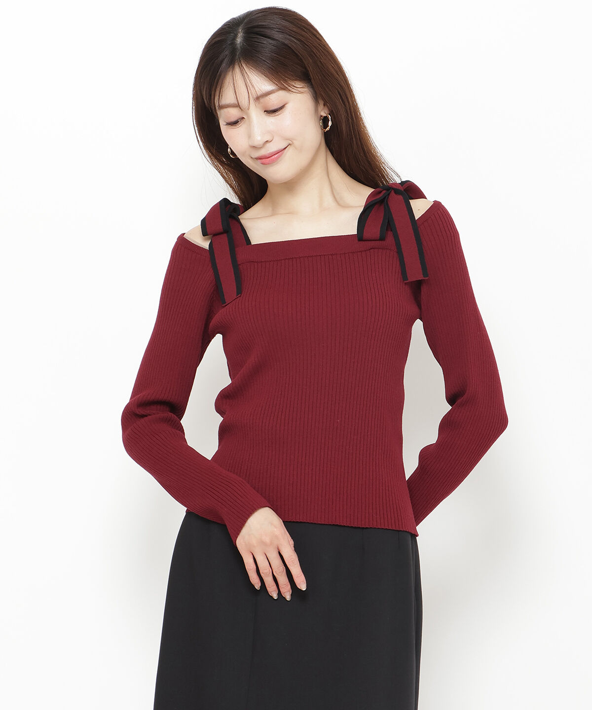 アンドクチュール「配色ショルダーリボンニットプルオーバー」|ニット・セーター|