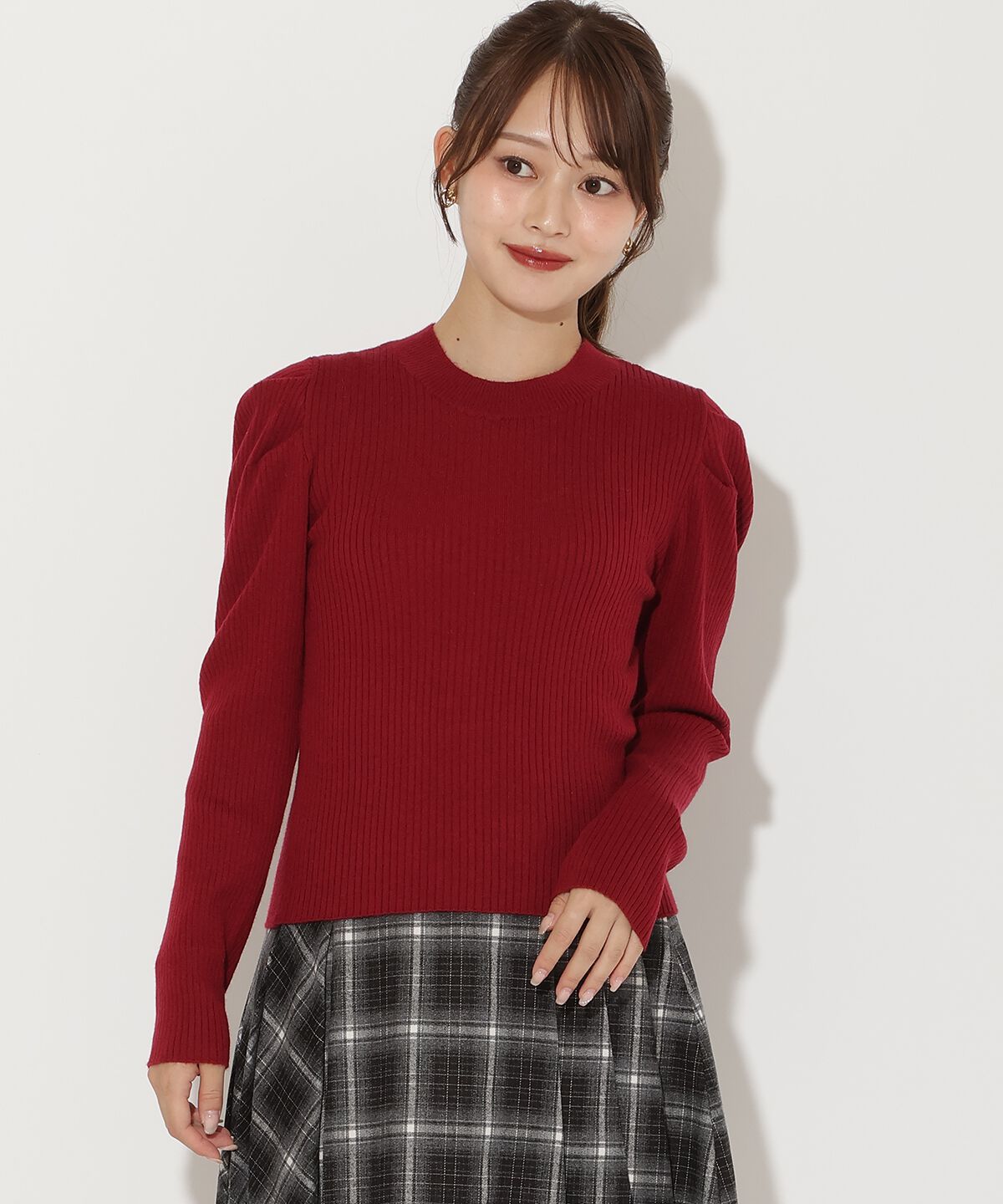 アンドクチュール「肩ギャザーハイネックリブニット」|ニット・セーター|