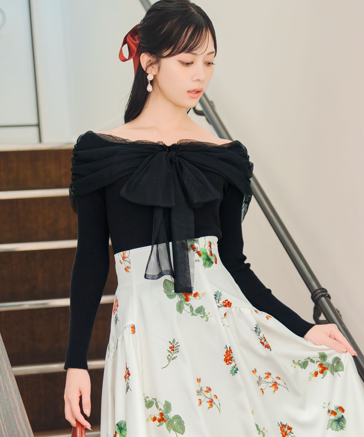 WILLSELECTION「リボンチュールレイヤードリブニット」|ニット・セーター|ブラック