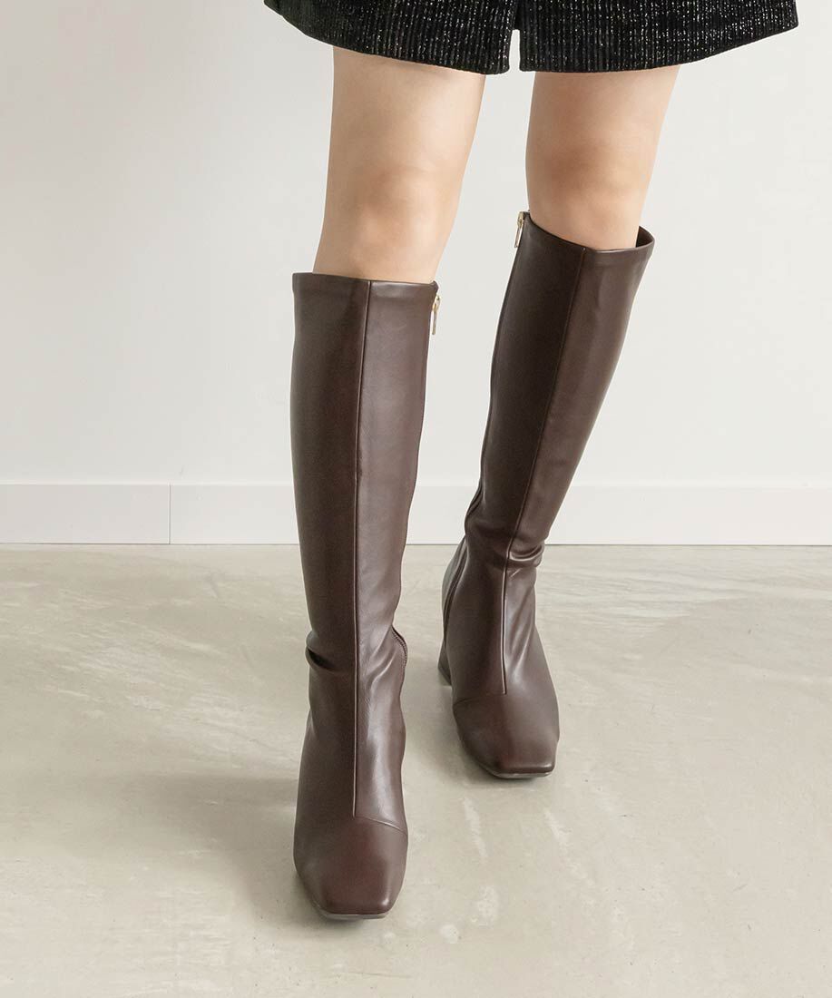  「晴雨兼用ソフトストレッチ WARM スクエアトゥロングブーツ」|ロングブーツ|