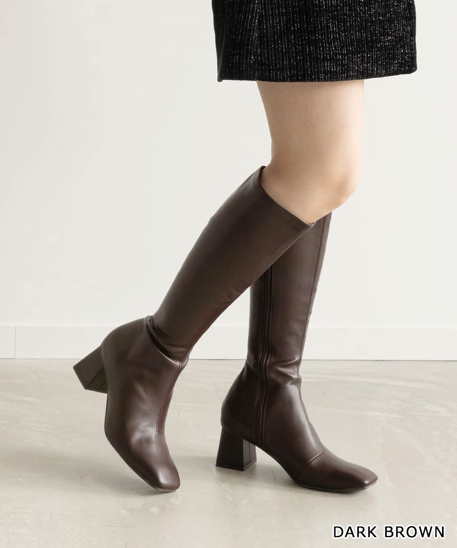  「晴雨兼用ソフトストレッチ WARM スクエアトゥロングブーツ」|ロングブーツ|ダークブラウン