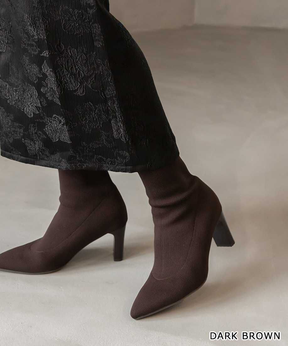  「ストレッチ プレートヒールソックスブーツ」|ショートブーツ|ダークブラウン