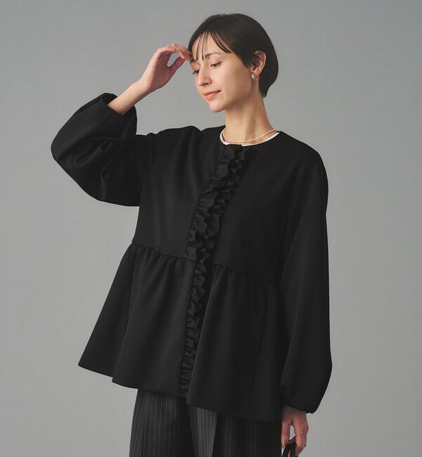 UNITED ARROWS「SPONGY フリル ペプラム ジャケット」|ノーカラージャケット|BLACK