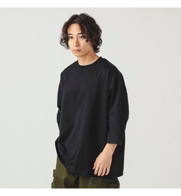 BEAMS「シルケット 8分袖 クルーネック Tシャツ」|Tシャツ・カットソー|BLACK
