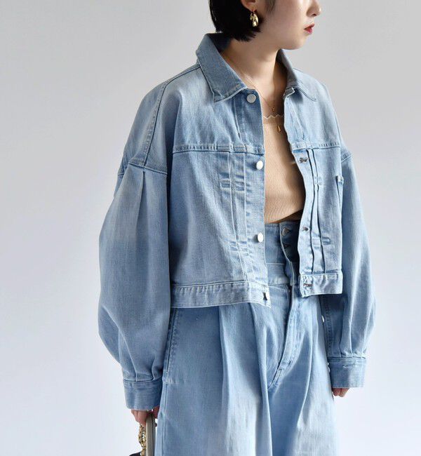 quaranciel「quaranciel:〈洗濯機可能〉ボリュームスリーブ ショート デニム ジャケット」|デニムジャケット|ライトブルー