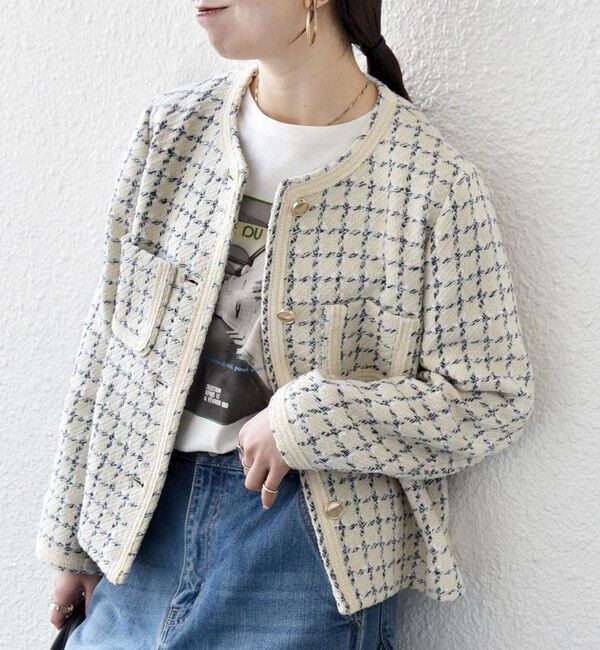 SHIPS any「SHIPS any: ツイード  パイピング ノーカラー ジャケット」|ノーカラージャケット|