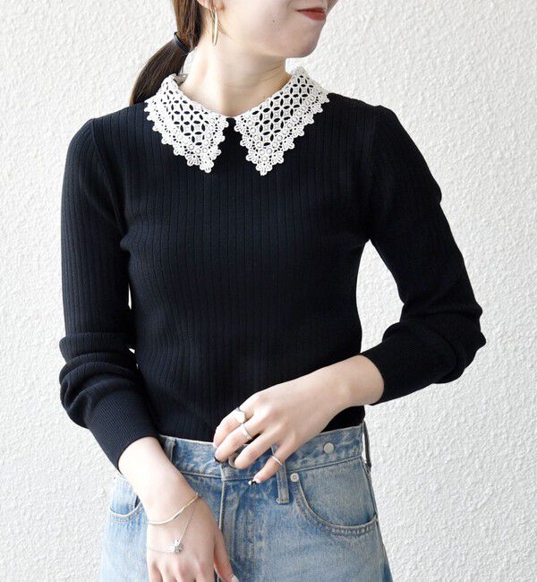 SHIPS any「《一部追加予約》SHIPS any:〈手洗い可能〉2WAY レース カラー リブ ニット プルオーバー」|ニット・セーター|ブラック