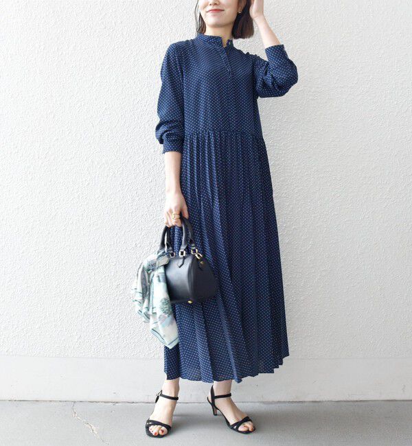 SHIPS any「《予約》SHIPS any:〈手洗い可能〉ドット バンドカラー プリーツ ロング ワンピース」|ワンピース|