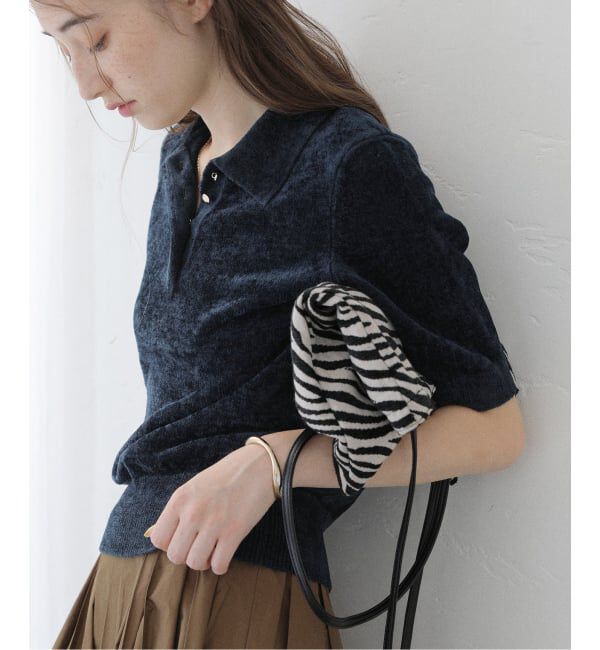  「【洗える】ベロアハーフスリーブニット」|ニット・セーター|ネイビー