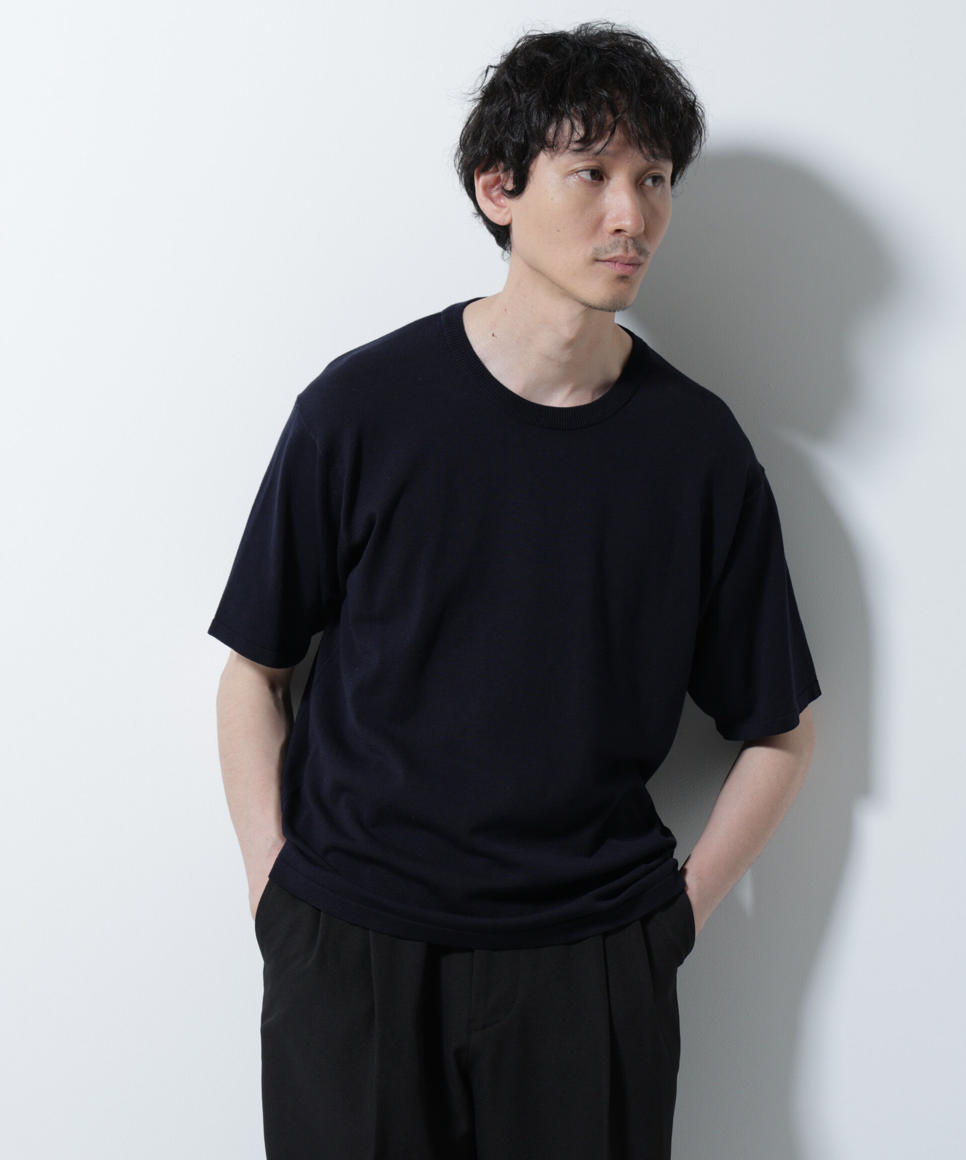 nano･universe「シルキータッチニットTシャツ 半袖」|ニット・セーター|ネイビー