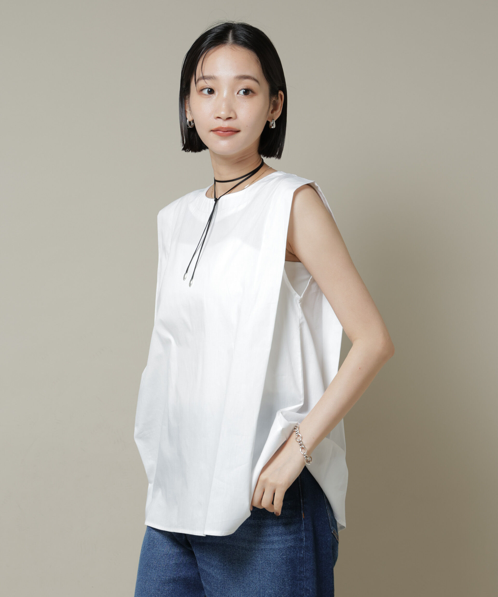 nano･universe「前後2wayブロードボタンデザインノースリーブブラウス」|シャツ・ブラウス|ホワイト