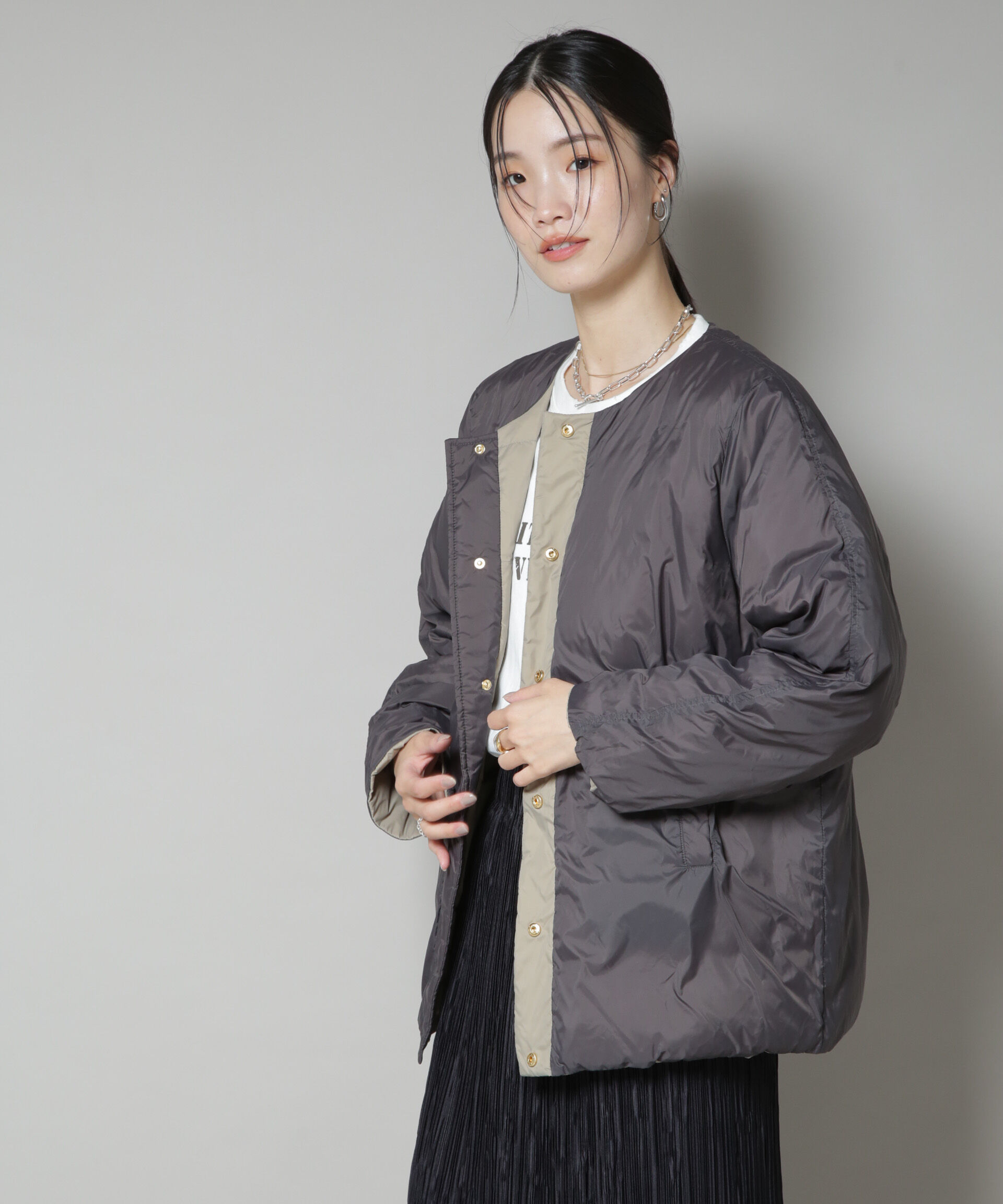 nano･universe「撥水加工ライトダウン リバーシブルノーカラージャケット」|ダウン|