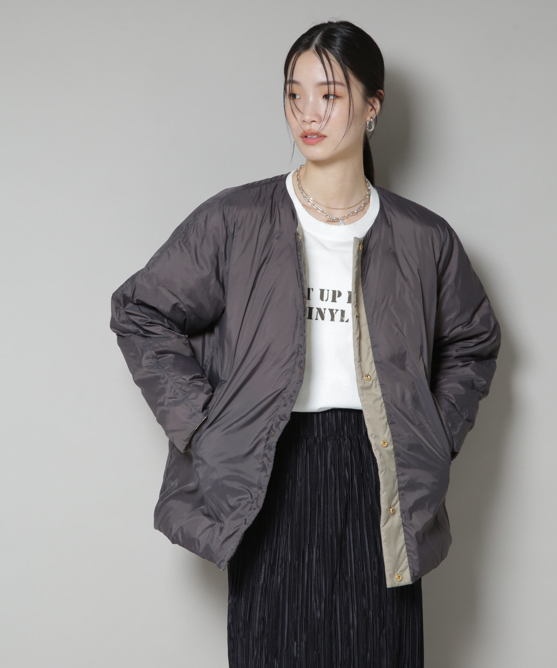 nano･universe「撥水加工ライトダウン リバーシブルノーカラージャケット」|ダウン|