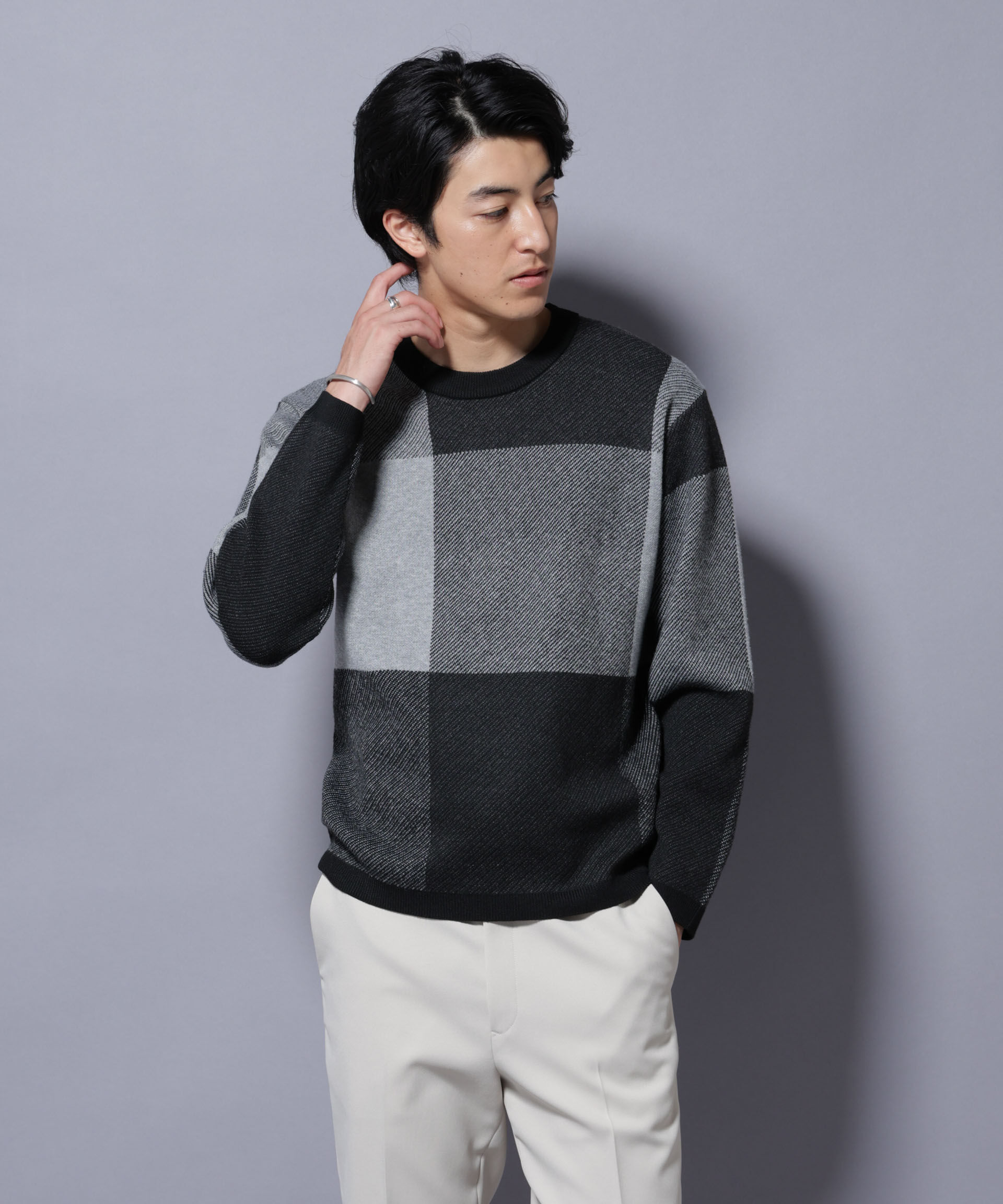 nano･universe「ブロックチェッククルーネックニット」|ニット・セーター|