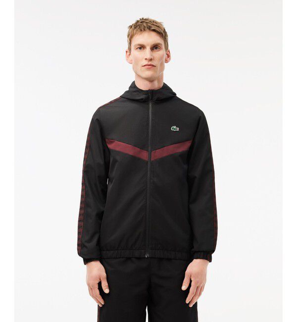 LACOSTE「撥水 スリーブテーピング ジップアップトラックフーディー / トラックジャケット」|パーカー|ブラック