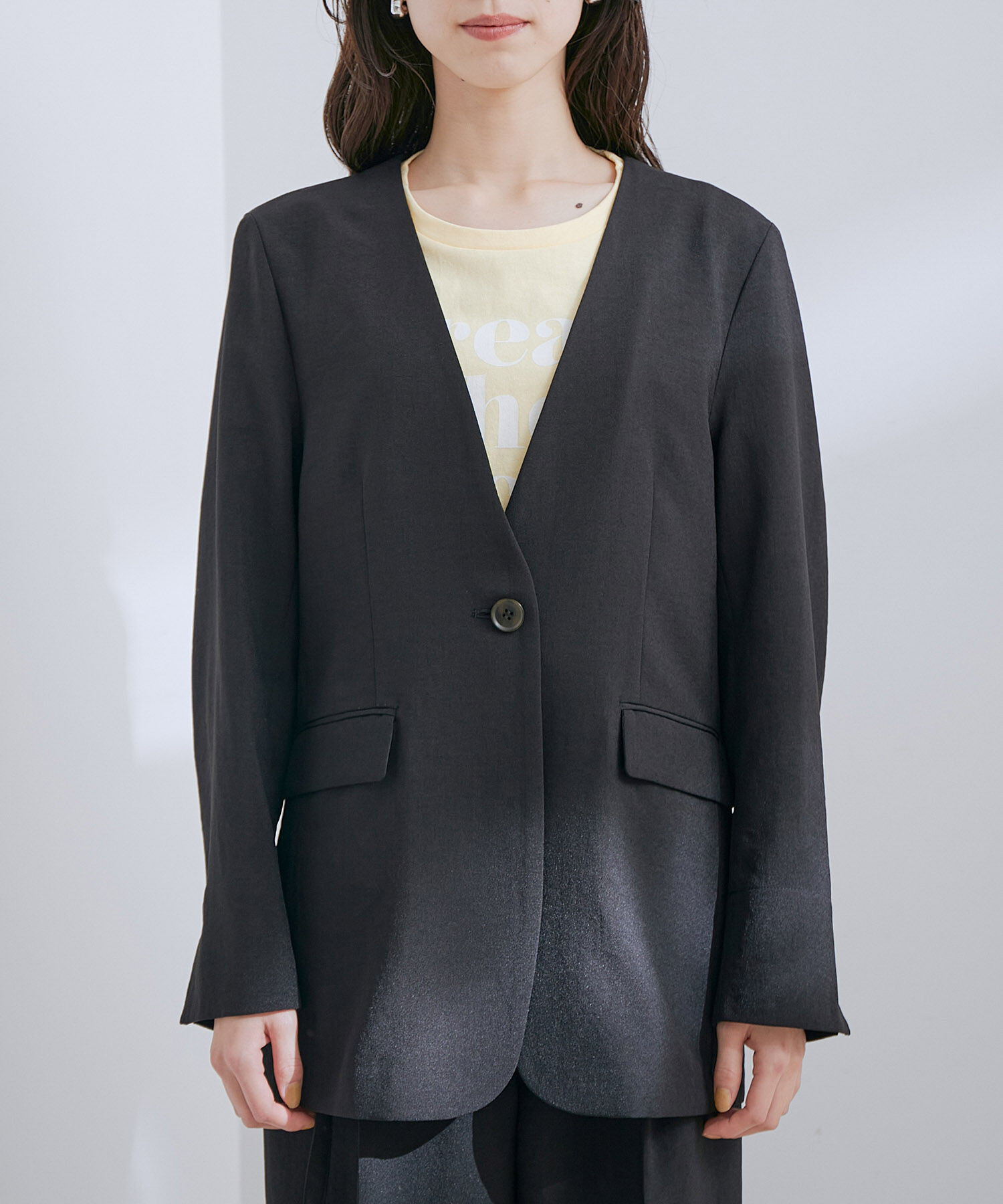 VIS「【洗える・接触冷感】美easyノーカラーVネックジャケット【セットアップ対応】」|ノーカラージャケット|