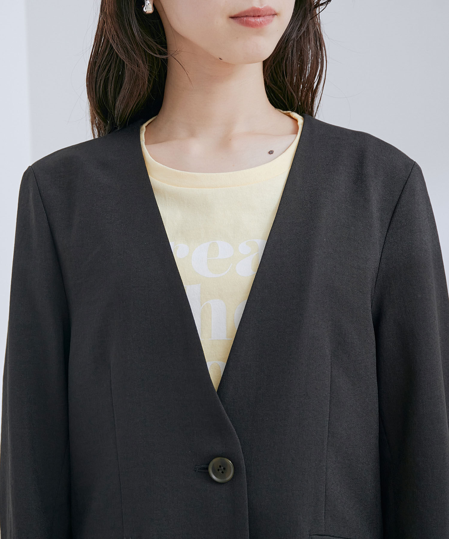 VIS「【洗える・接触冷感】美easyノーカラーVネックジャケット【セットアップ対応】」|ノーカラージャケット|