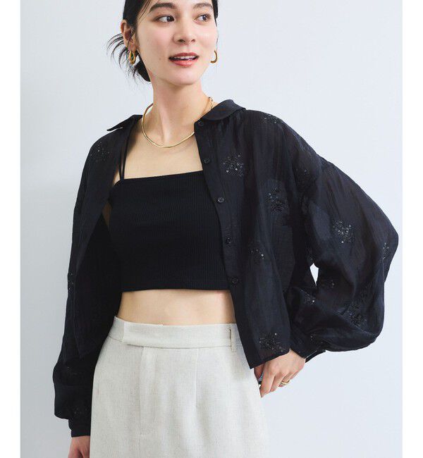 VIS「【WEB限定】花柄刺繍シャイニーシアーシャツ」|シャツ・ブラウス|ブラック系(02)