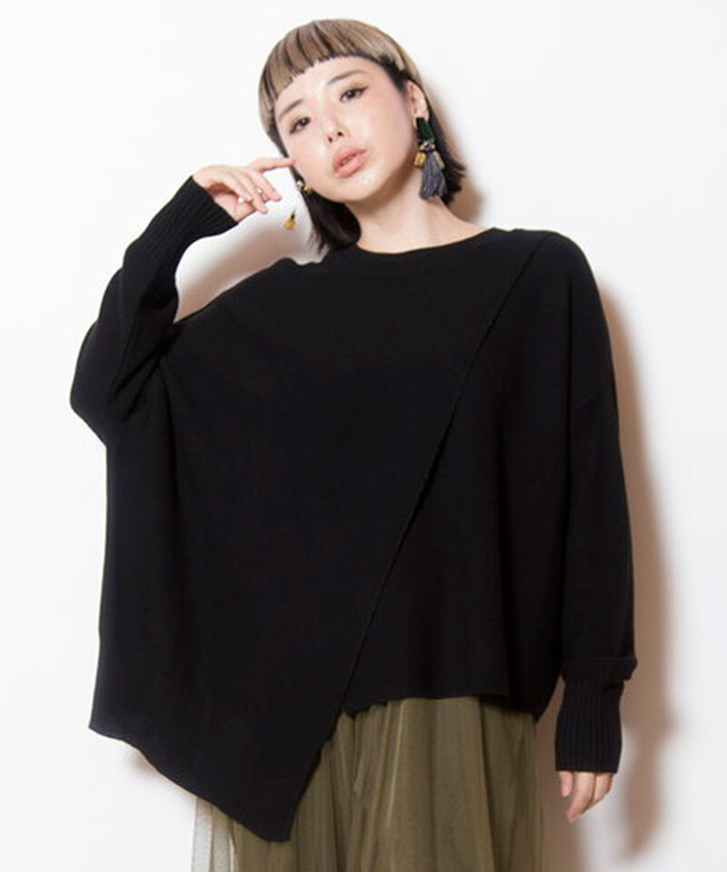  「2WAYアシンメトリーニットプルオーバー」|ニット・セーター|BLACK