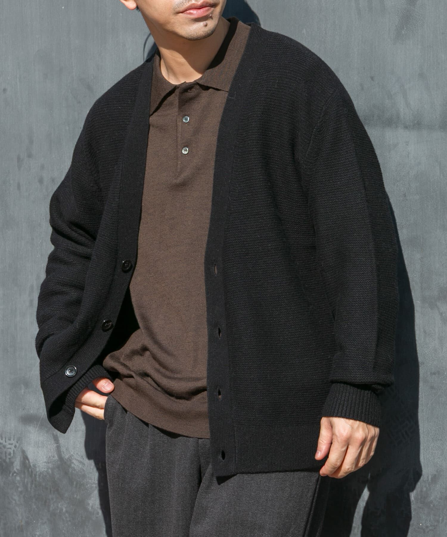 URBAN RESEARCH ROSSO「『XLサイズあり』ハミルトンウールガーター編みVネックカーディガン」|カーディガン|ブラック