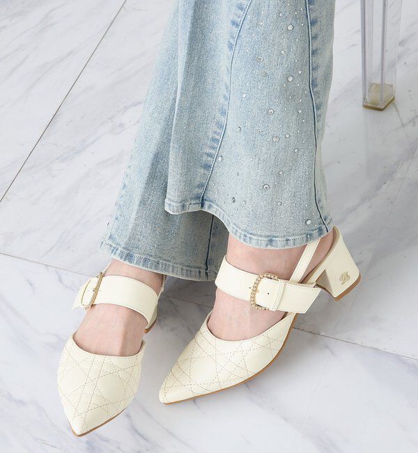  「ビジューバックルキルティングミュール」|その他|アイボリー