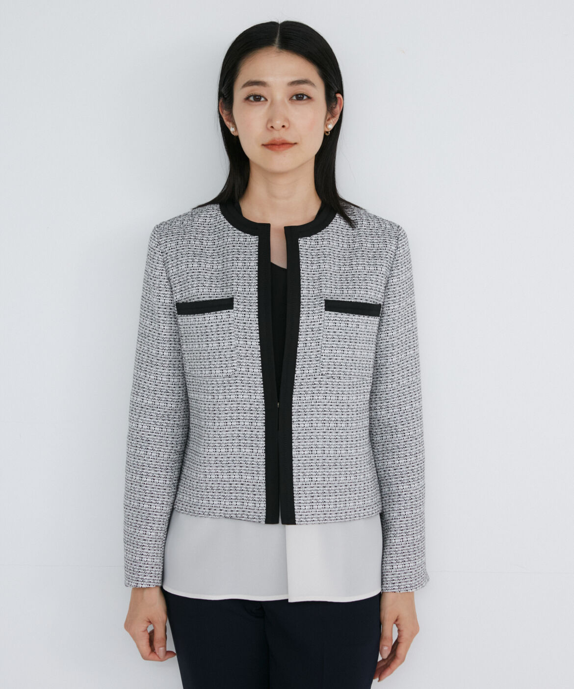 INED「ノーカラーツイードジャケット」|ノーカラージャケット|