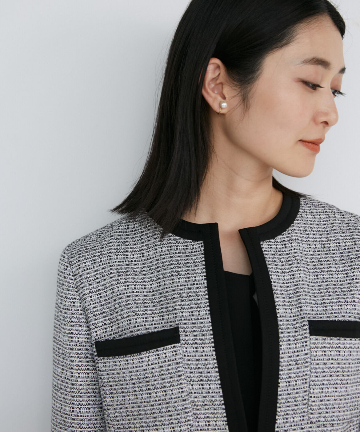 INED「ノーカラーツイードジャケット」|ノーカラージャケット|