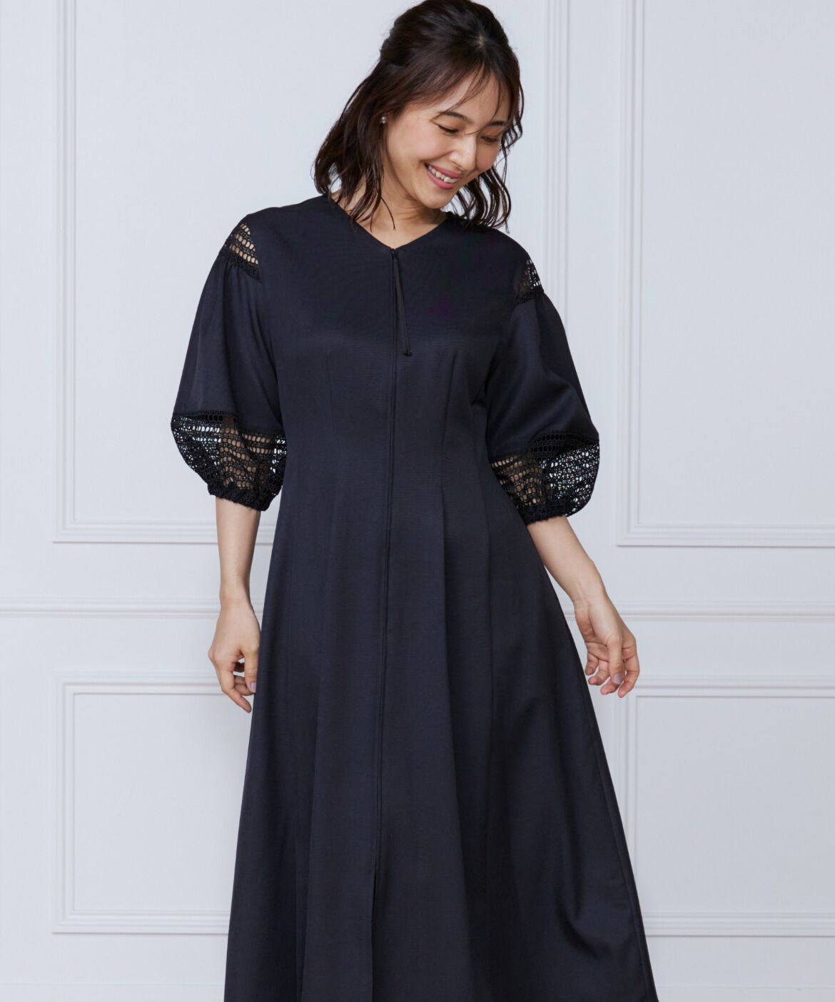 ef-de Black「デニムプリントレース使いワンピース」|ワンピース|ブラック