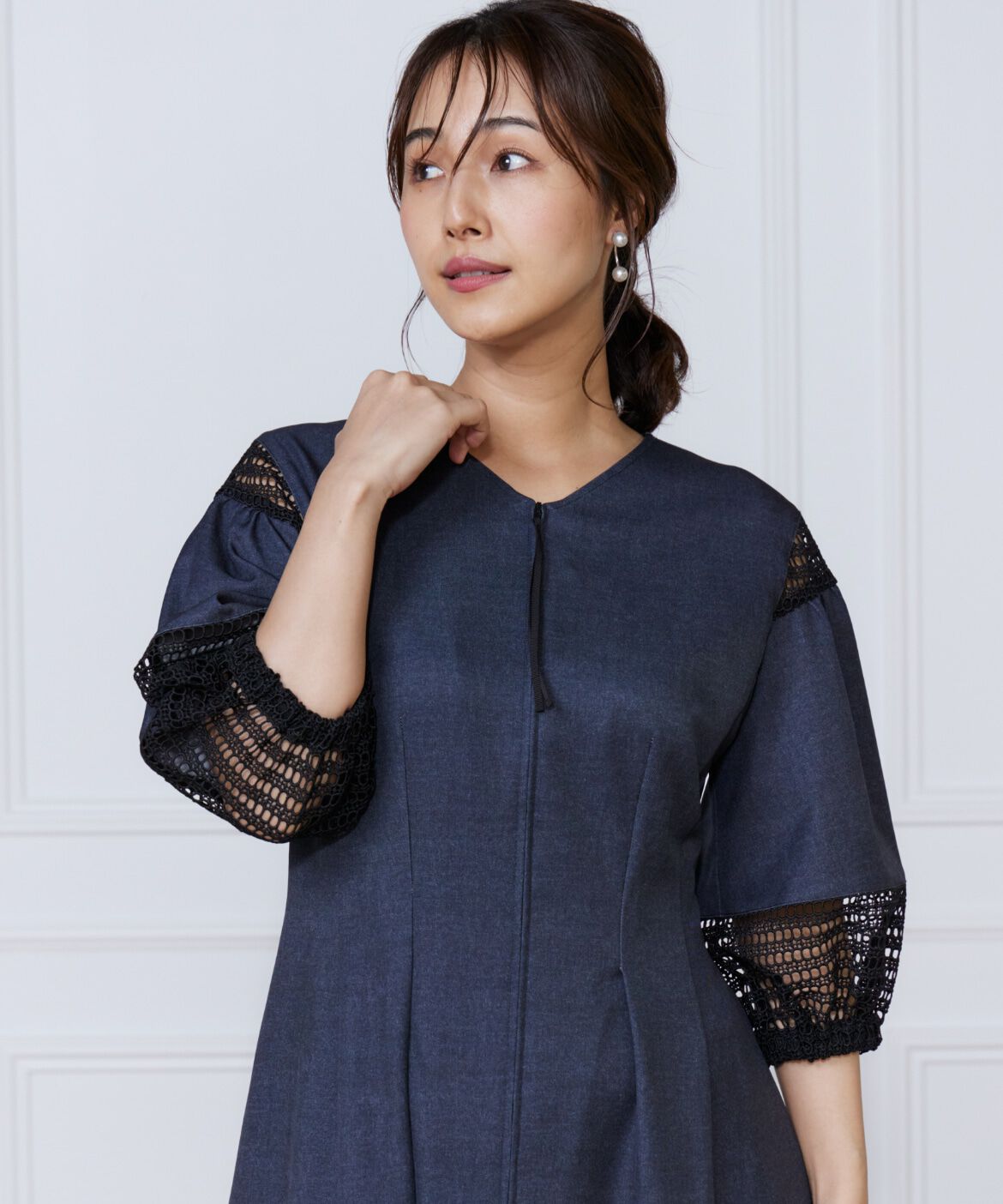 ef-de Black「デニムプリントレース使いワンピース」|ワンピース|