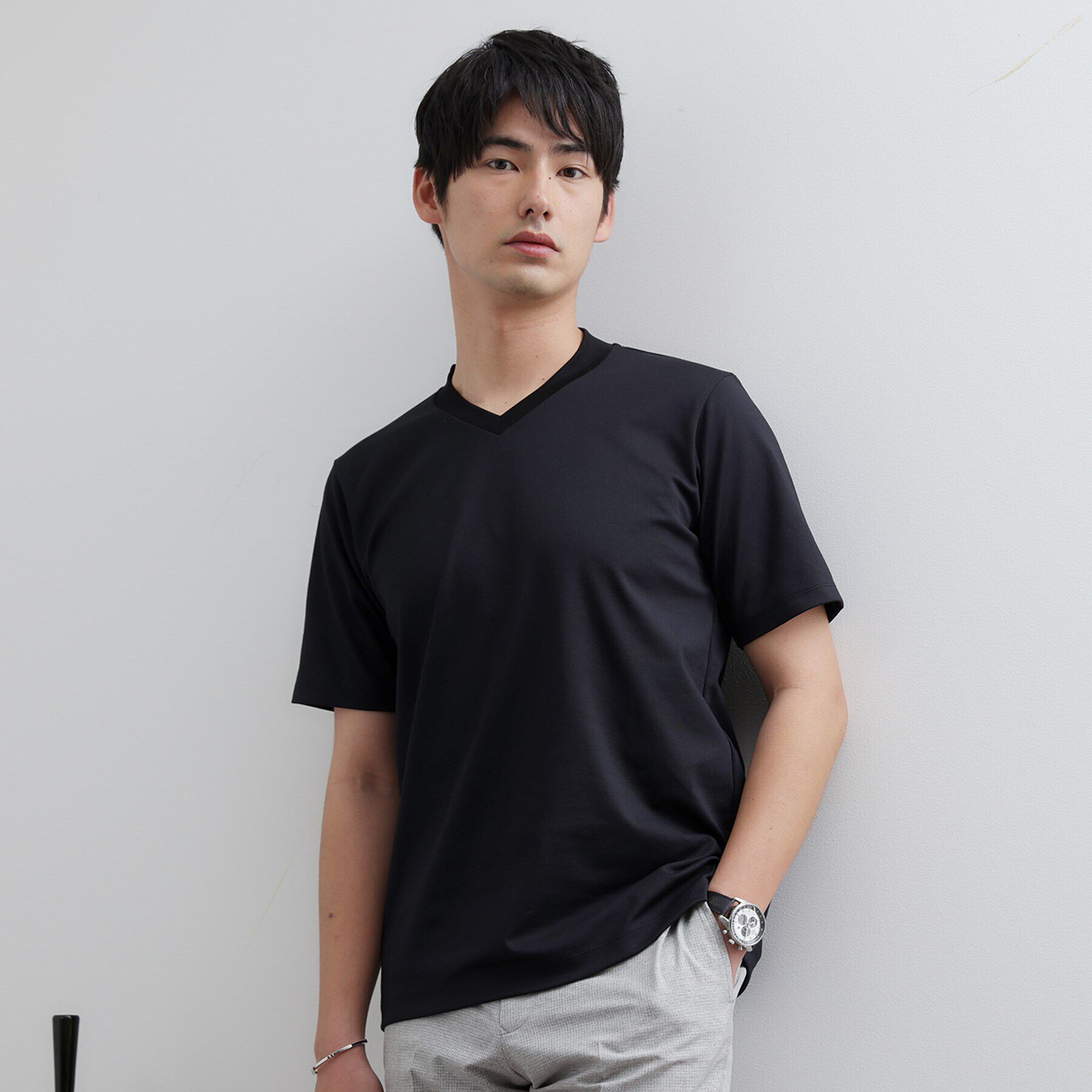 TAKEO KIKUCHI「テーラードジャージ Vネック」|Tシャツ・カットソー|ブラック(019)