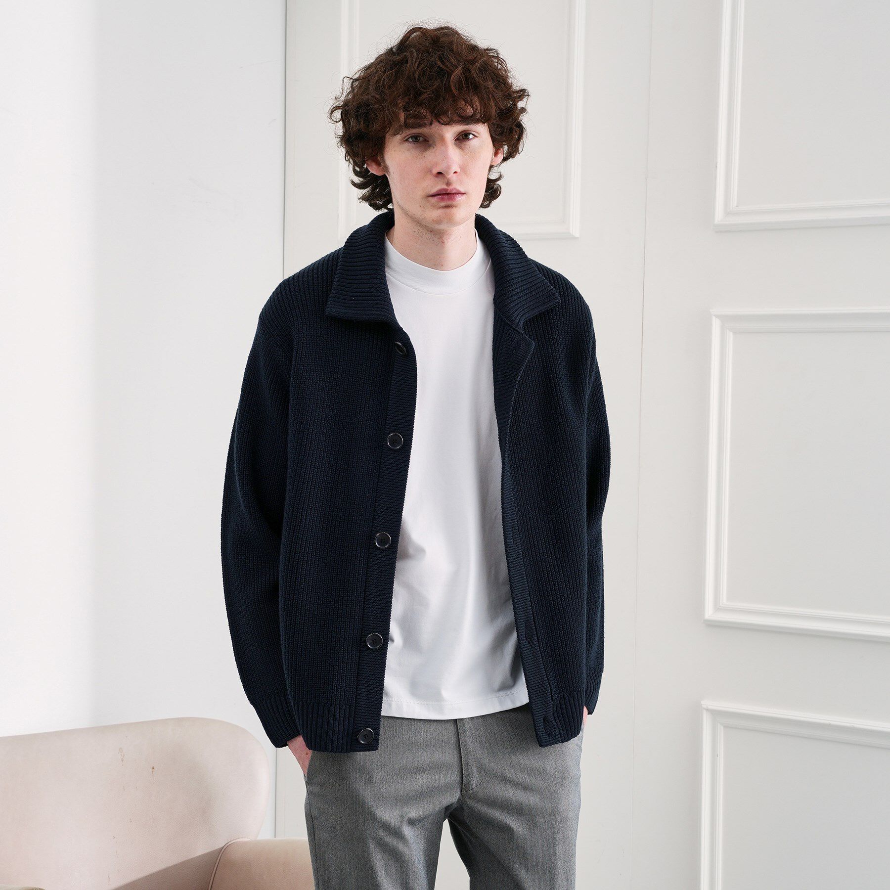 TAKEO KIKUCHI「タスマニアウール混畦編みカーディガン」|カーディガン|ネイビー(094)