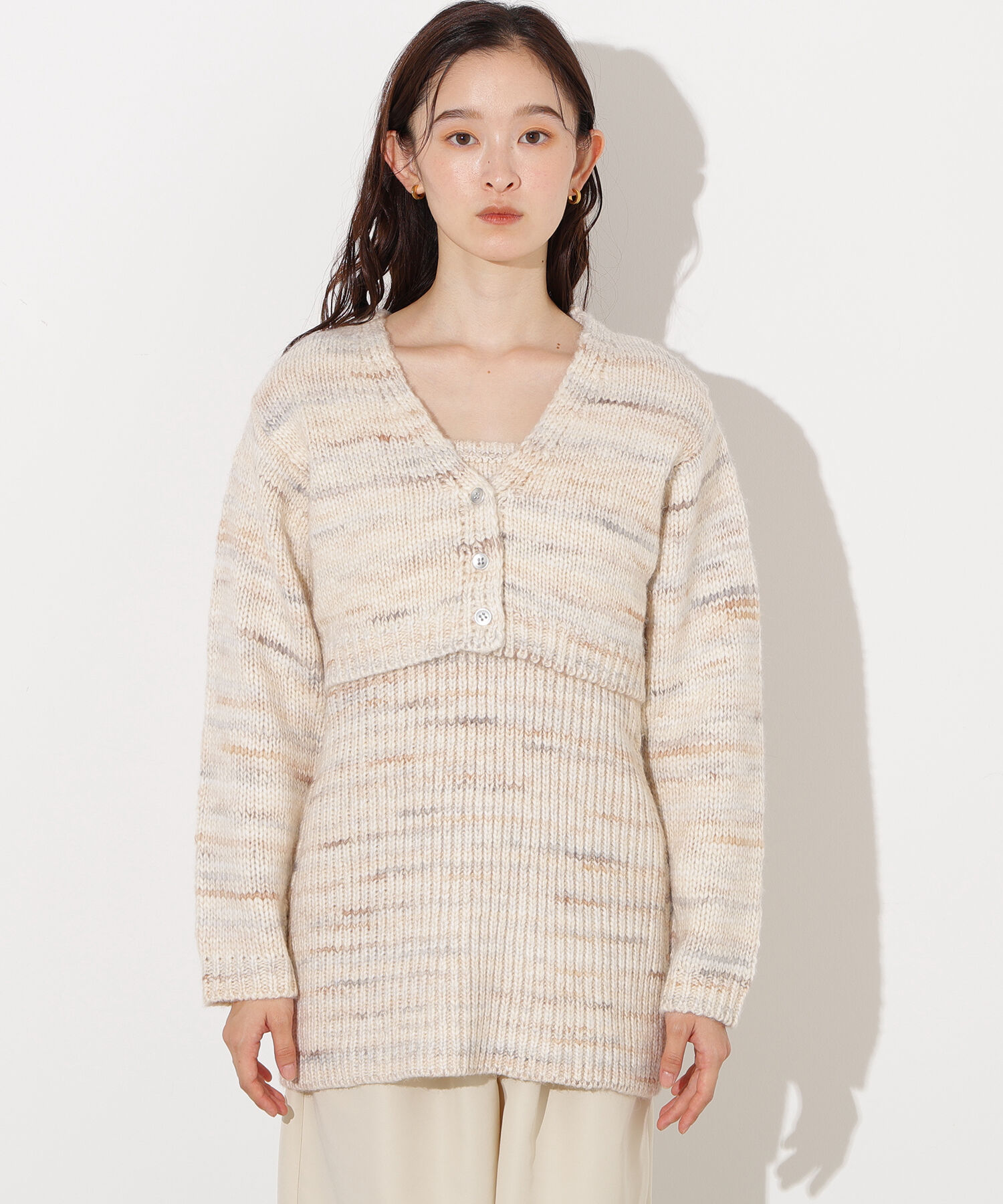  「ミックスカラーチュニック＆ショートカーディガン」|ニット・セーター|