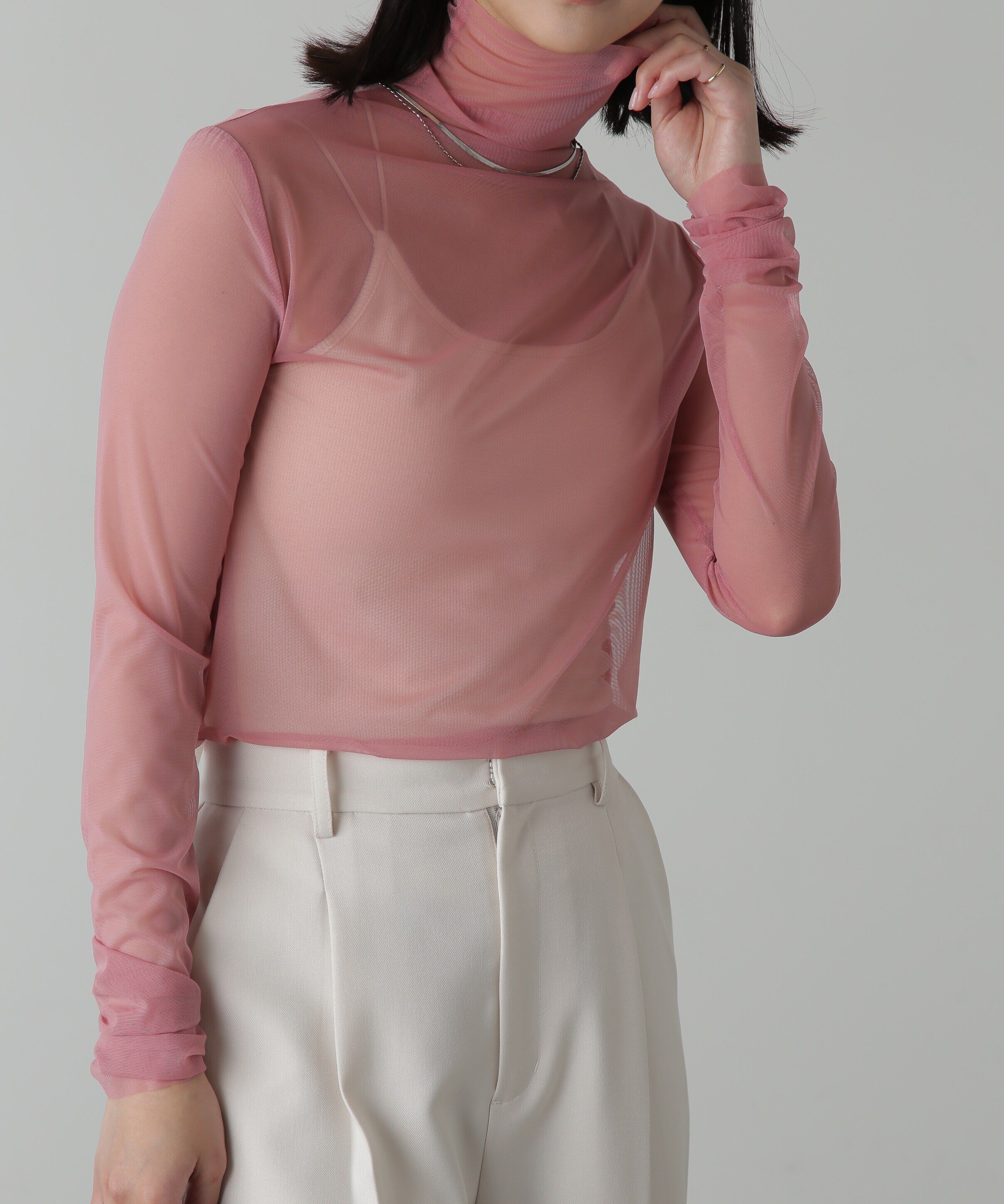  「シースルーハイネックカットソー」|Tシャツ・カットソー|ピンク