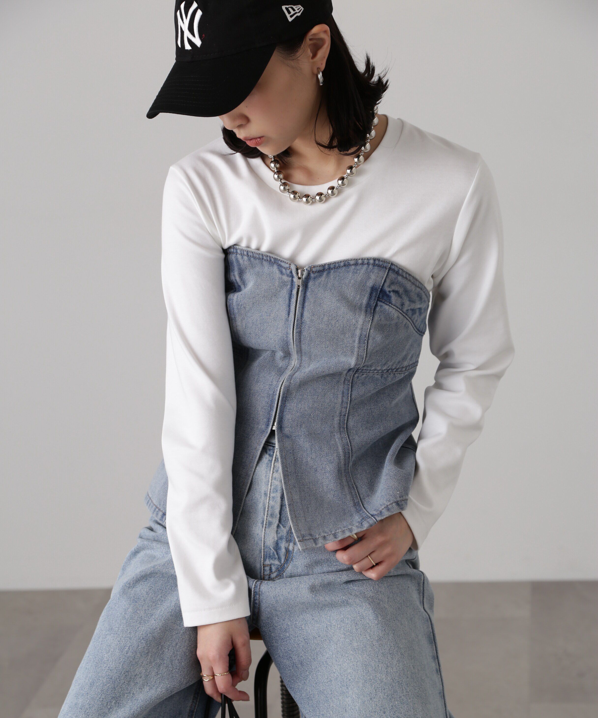  「フロントジップデニムキャミビスチェ」|シャツ・ブラウス|