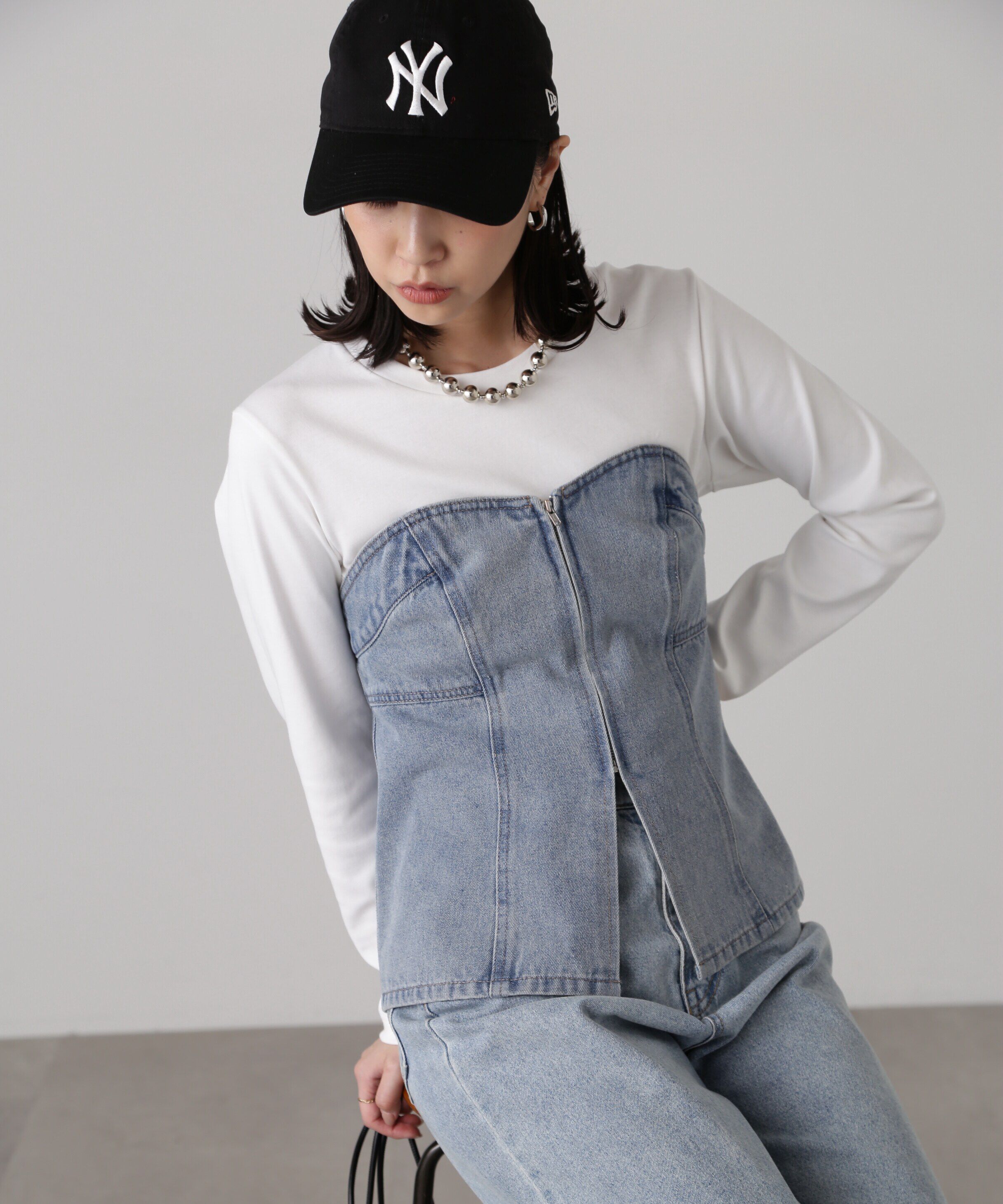  「フロントジップデニムキャミビスチェ」|シャツ・ブラウス|