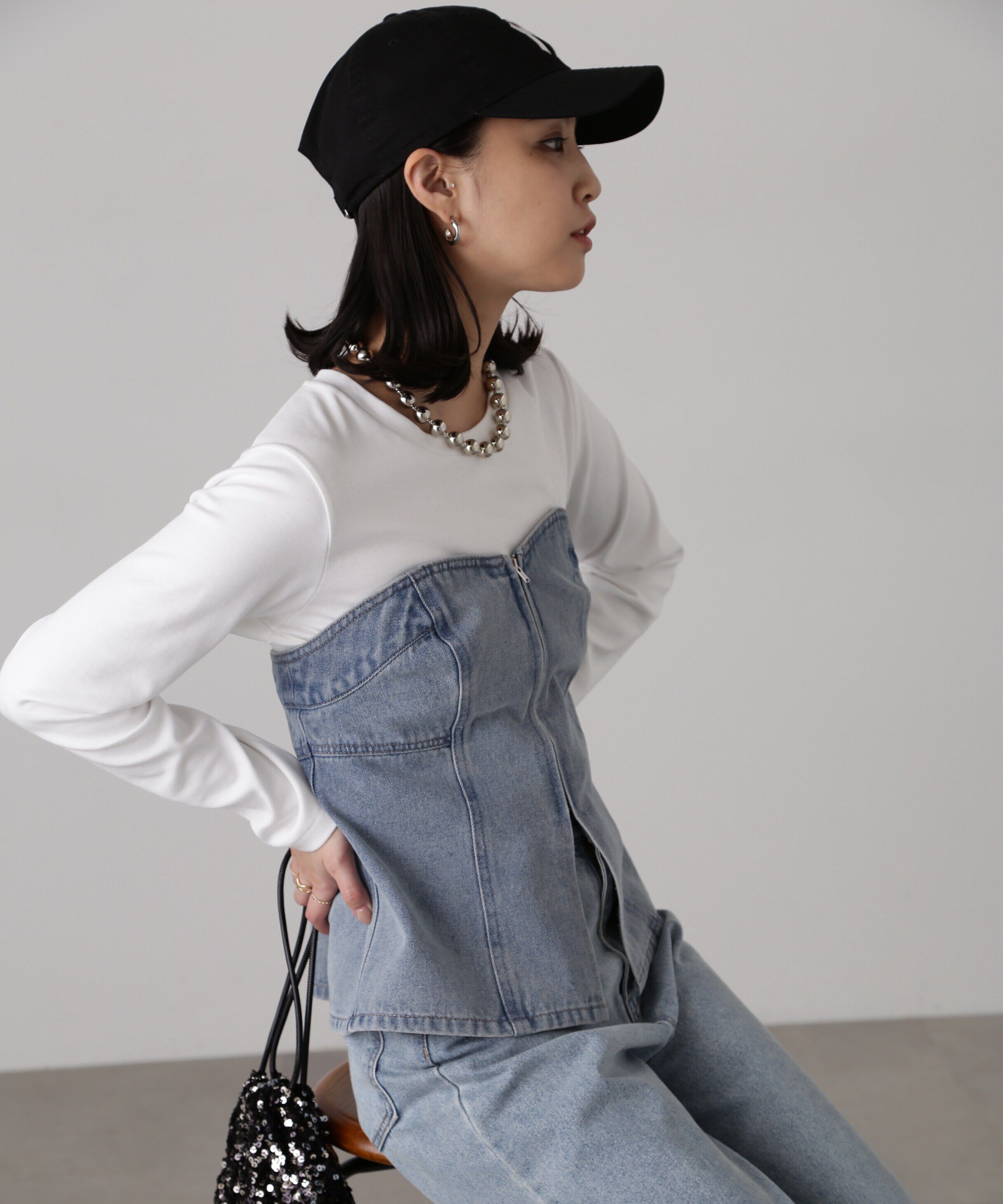  「フロントジップデニムキャミビスチェ」|シャツ・ブラウス|