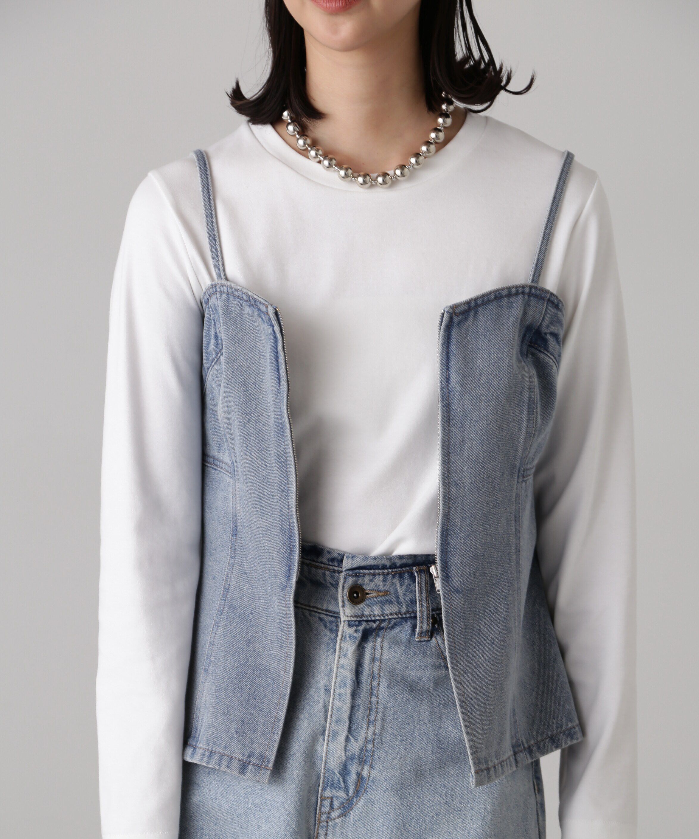  「フロントジップデニムキャミビスチェ」|シャツ・ブラウス|