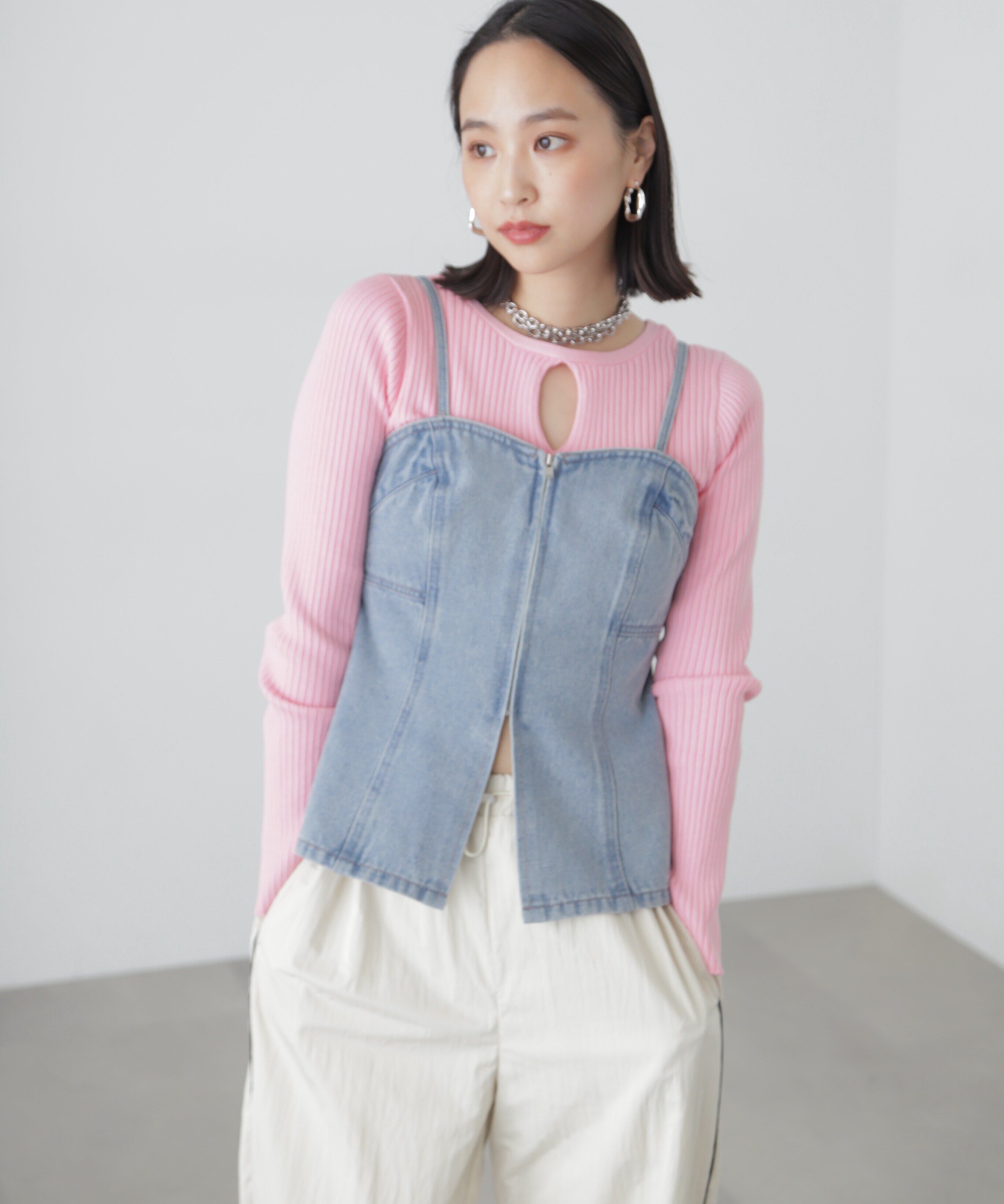  「フロントジップデニムキャミビスチェ」|シャツ・ブラウス|