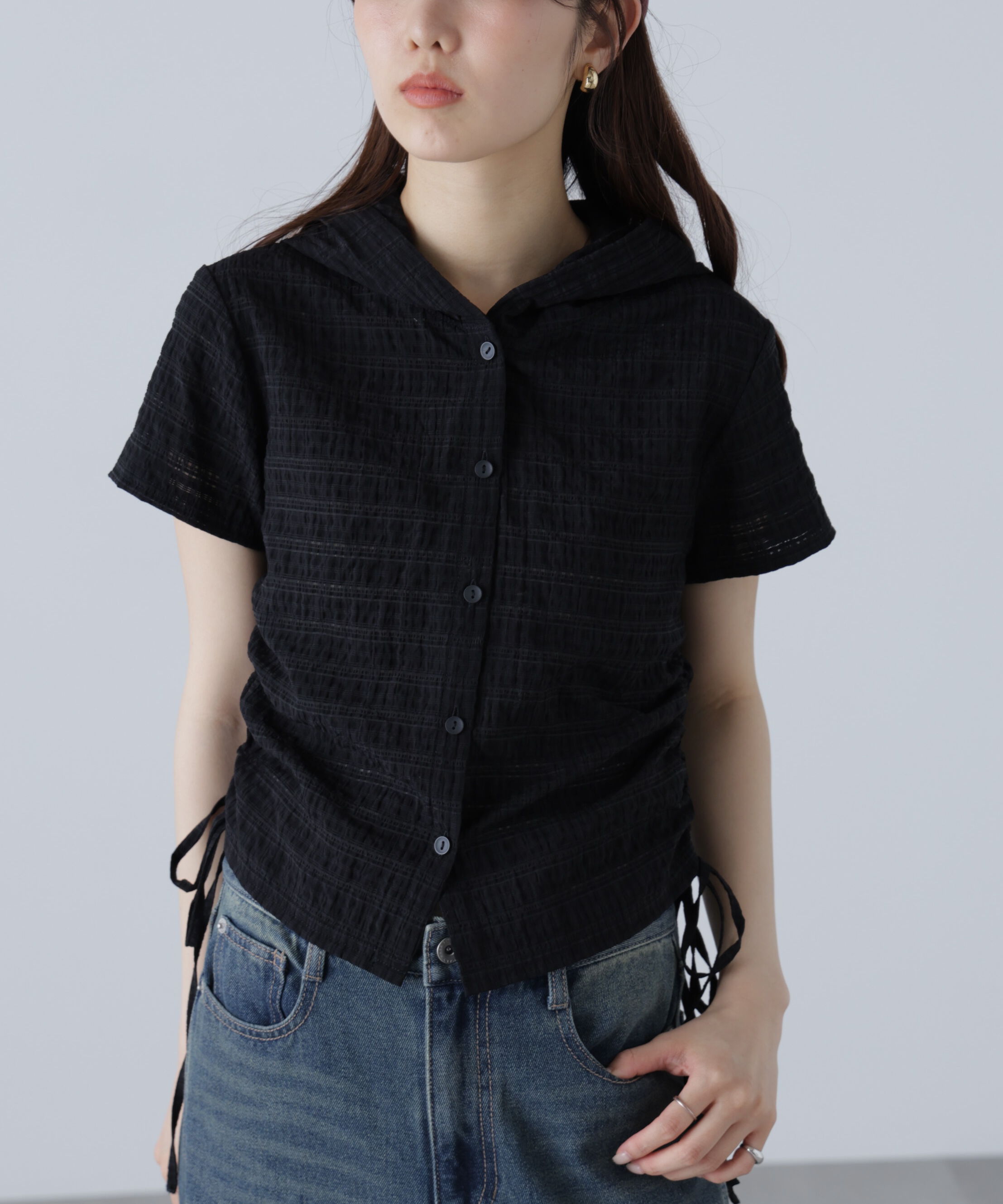  「シアーチェック短丈フードブラウス」|シャツ・ブラウス|