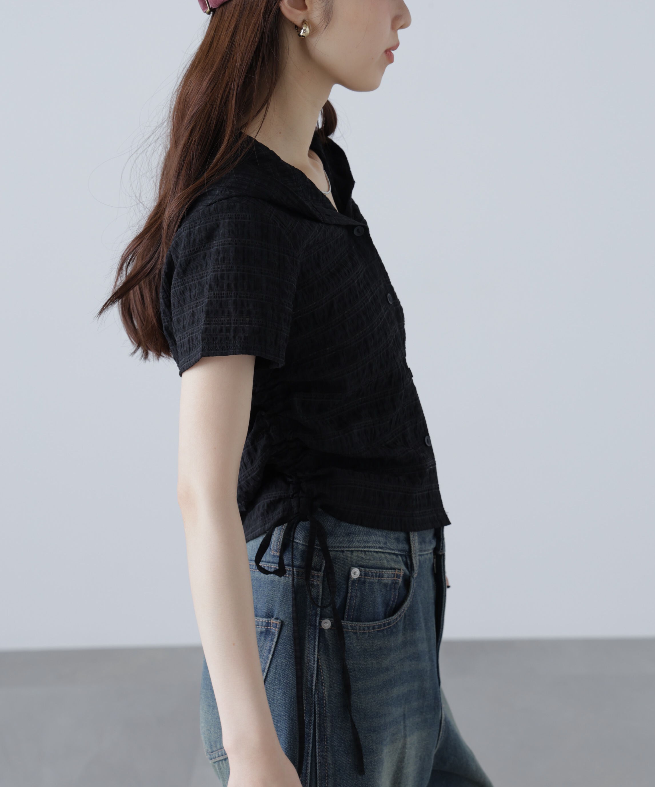  「シアーチェック短丈フードブラウス」|シャツ・ブラウス|