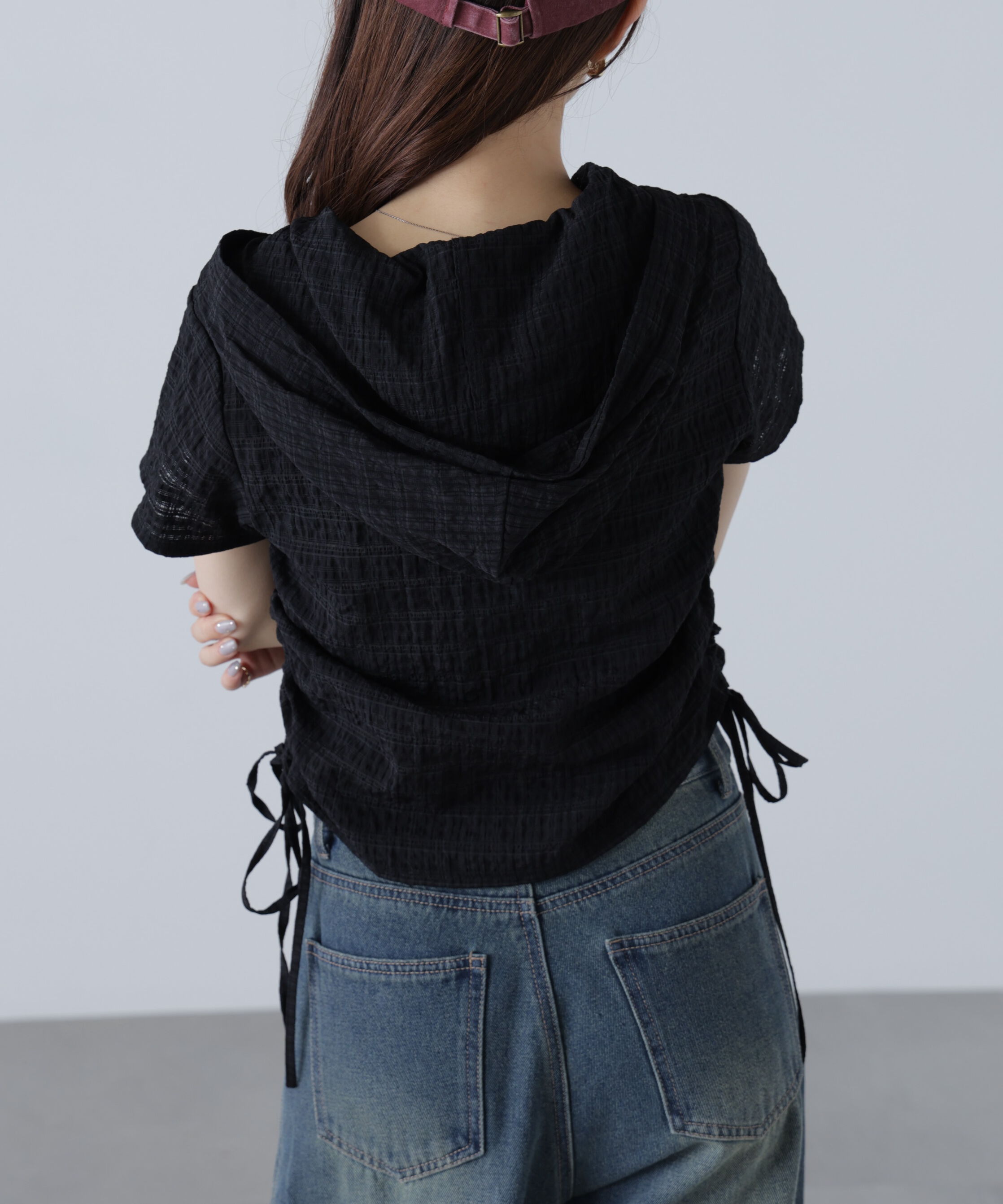  「シアーチェック短丈フードブラウス」|シャツ・ブラウス|