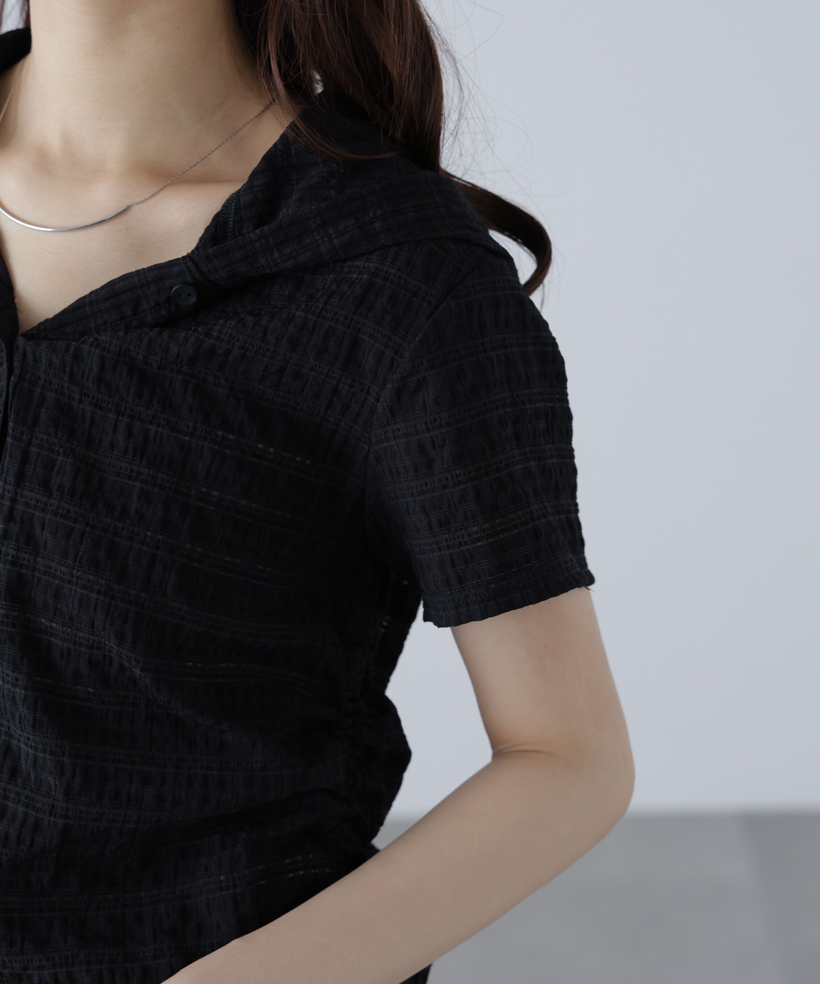  「シアーチェック短丈フードブラウス」|シャツ・ブラウス|