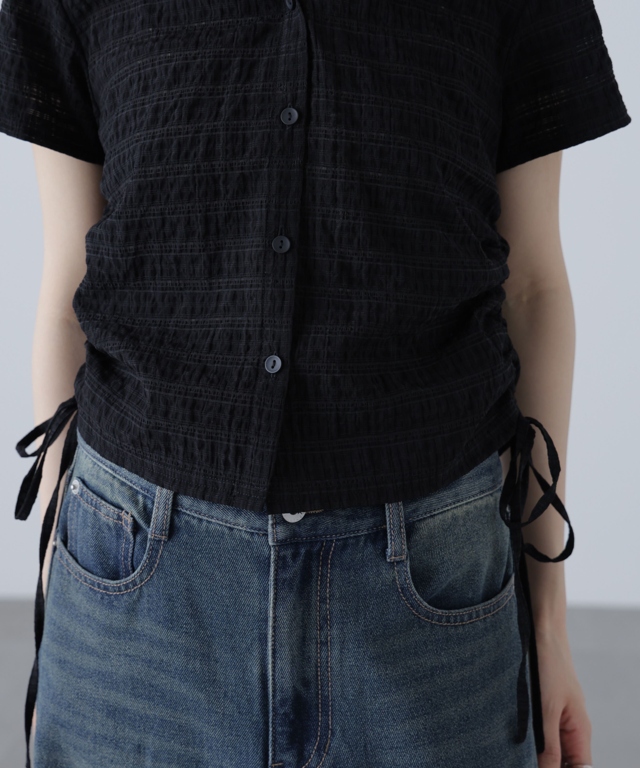  「シアーチェック短丈フードブラウス」|シャツ・ブラウス|