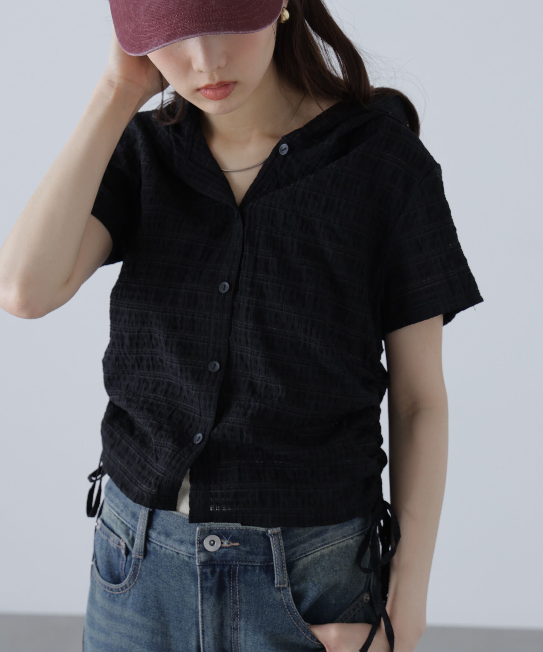  「シアーチェック短丈フードブラウス」|シャツ・ブラウス|