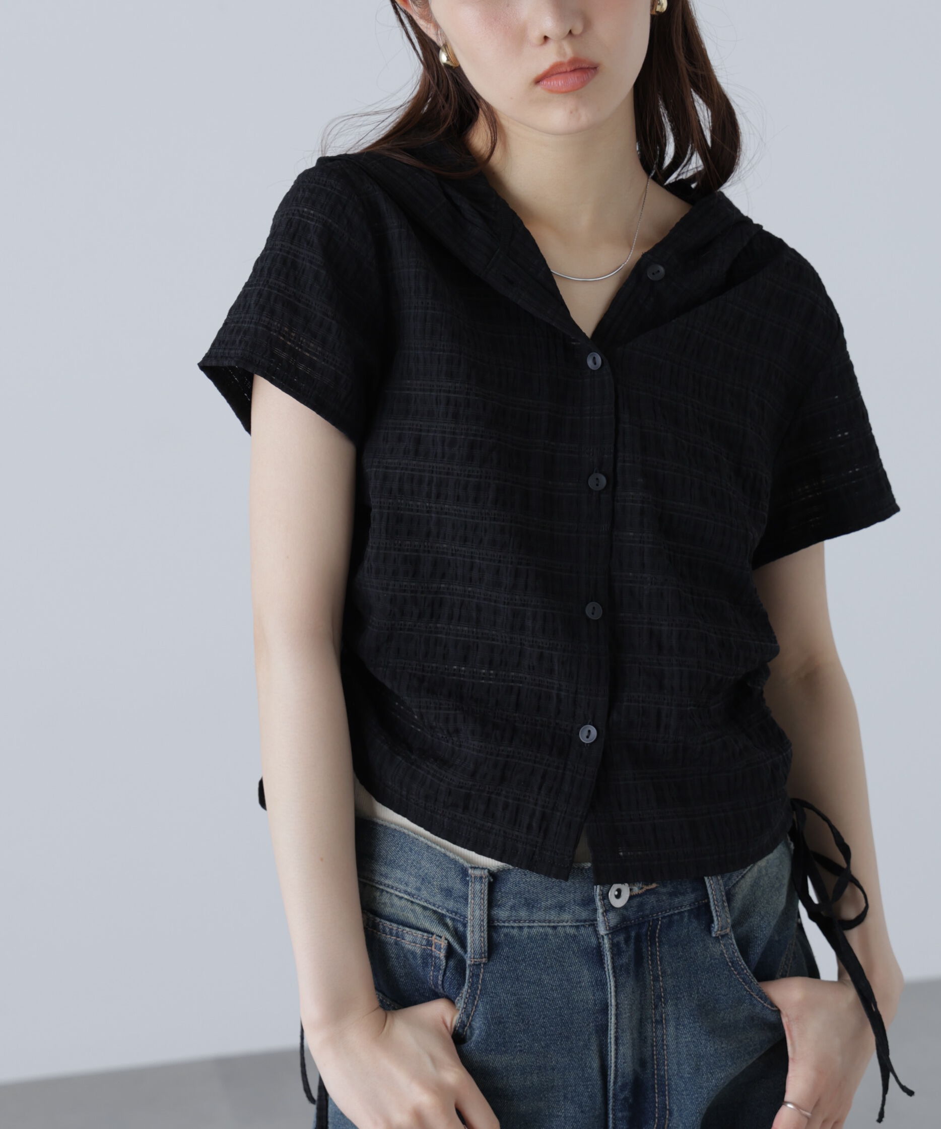  「シアーチェック短丈フードブラウス」|シャツ・ブラウス|