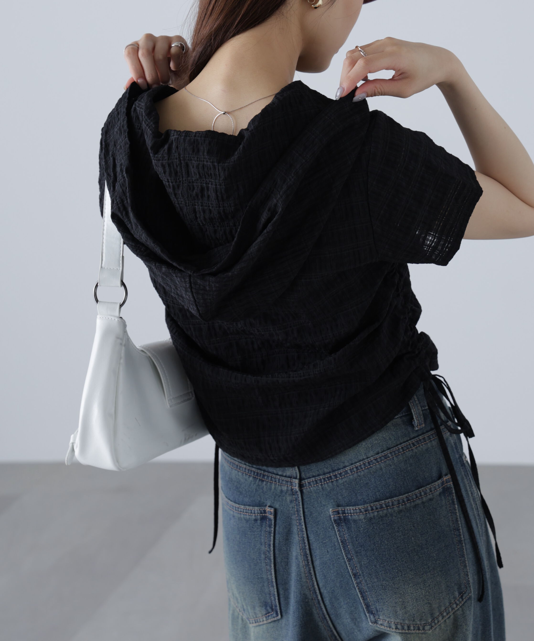  「シアーチェック短丈フードブラウス」|シャツ・ブラウス|