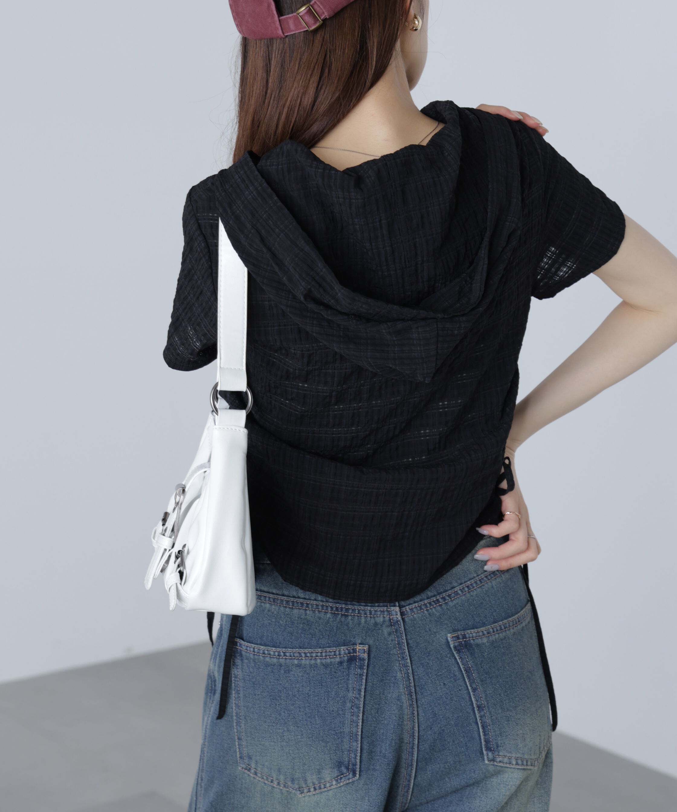  「シアーチェック短丈フードブラウス」|シャツ・ブラウス|