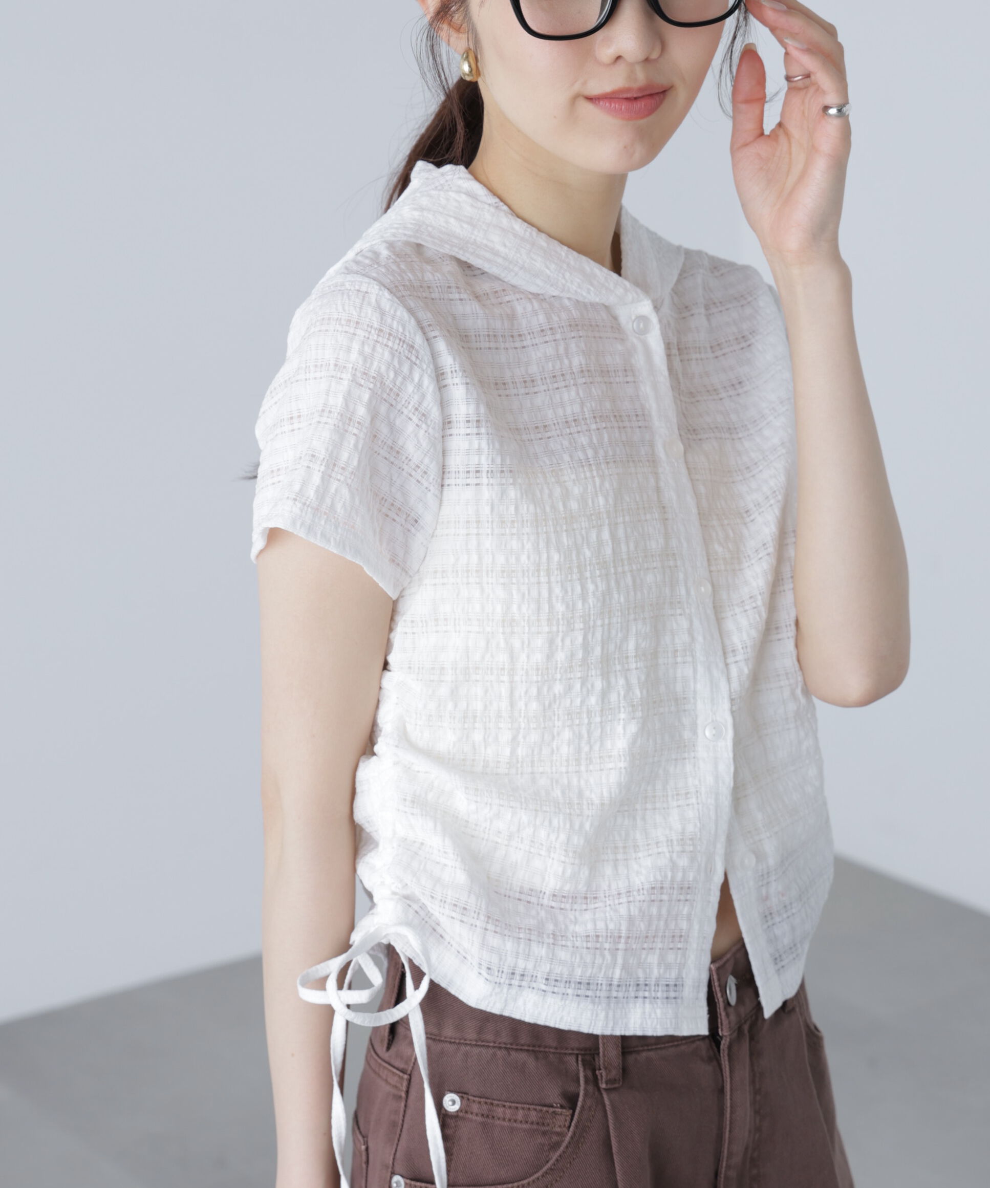  「シアーチェック短丈フードブラウス」|シャツ・ブラウス|