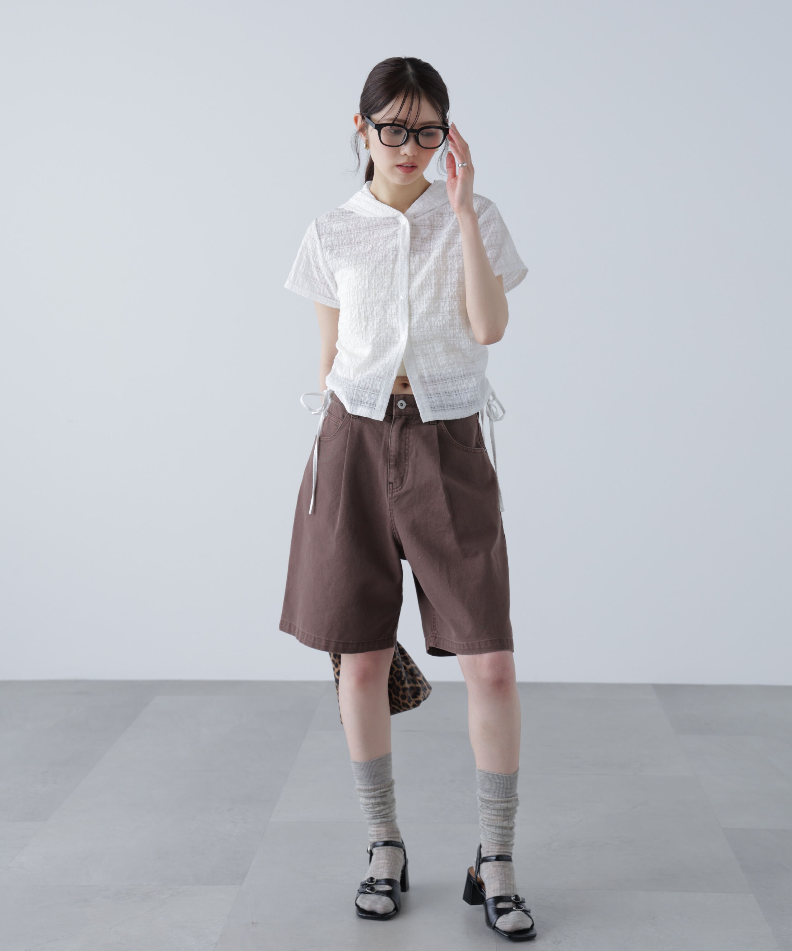  「シアーチェック短丈フードブラウス」|シャツ・ブラウス|