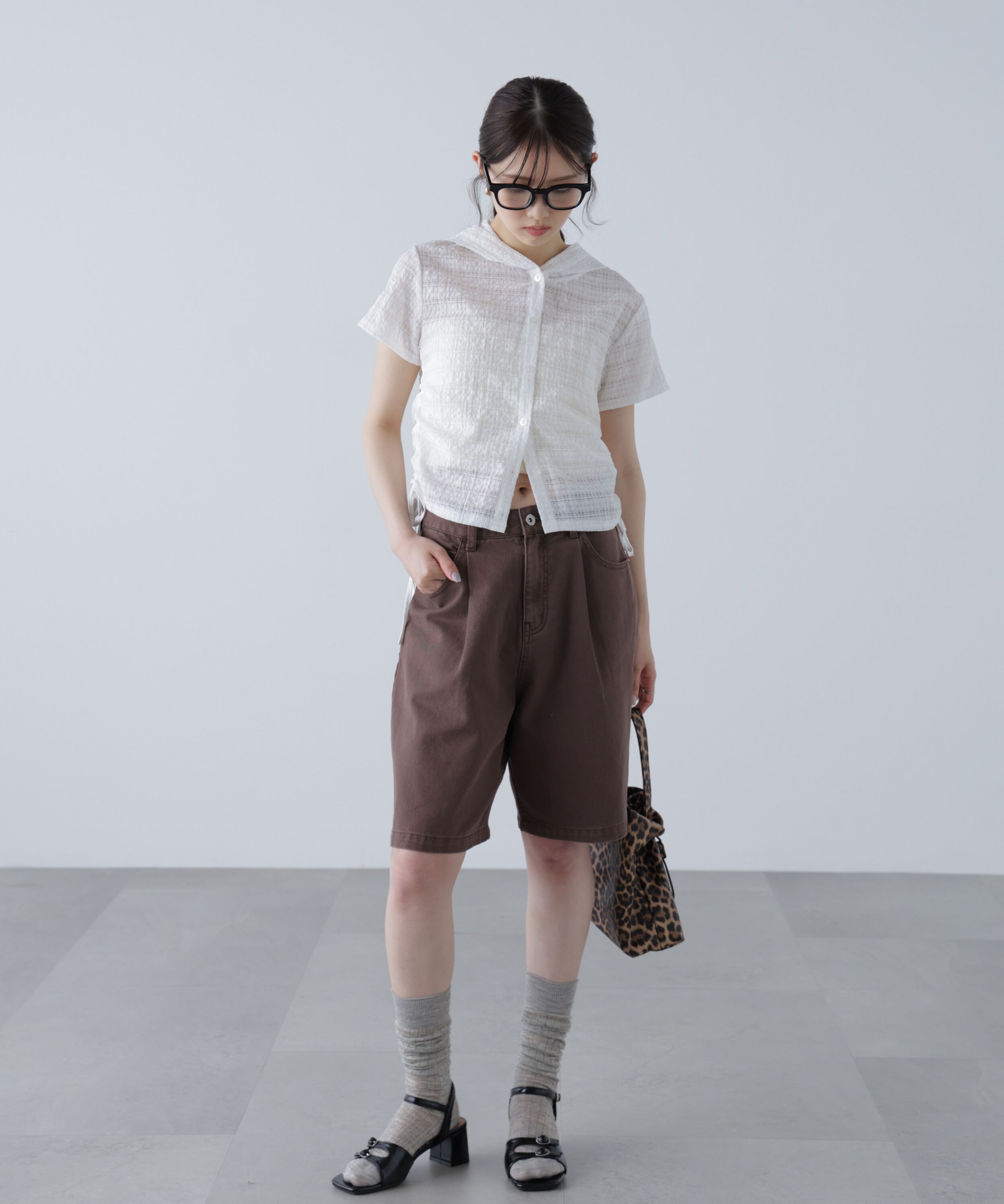  「シアーチェック短丈フードブラウス」|シャツ・ブラウス|